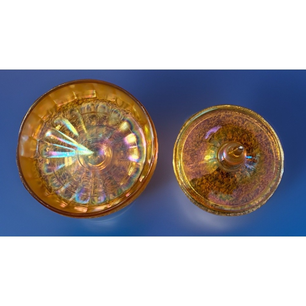 Vintage Amber Carnival Glass‎ Covered Candy Dish Pedestal Compote Iridescent - Picture 4 of 6